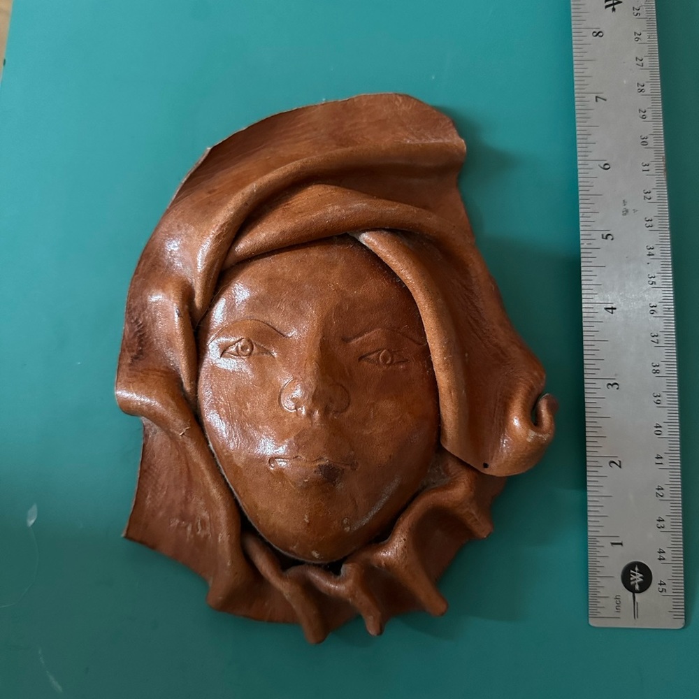 VTG Tribal Leather Woman's Face Hand Tool Molded Haitian Folk Art Wall Decor
